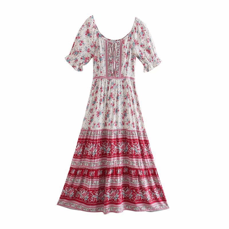 Długa Sukienka Maxi w Stylu A-Line z Paskiem i Kwiatowym Nadrukiem | Idealna na Lato