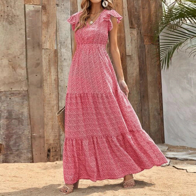 Sukienka Boho z Dekoltem w Serek i Kwiatowym Wzorem oraz Krótkimi Rękawami | Idealna na Lato