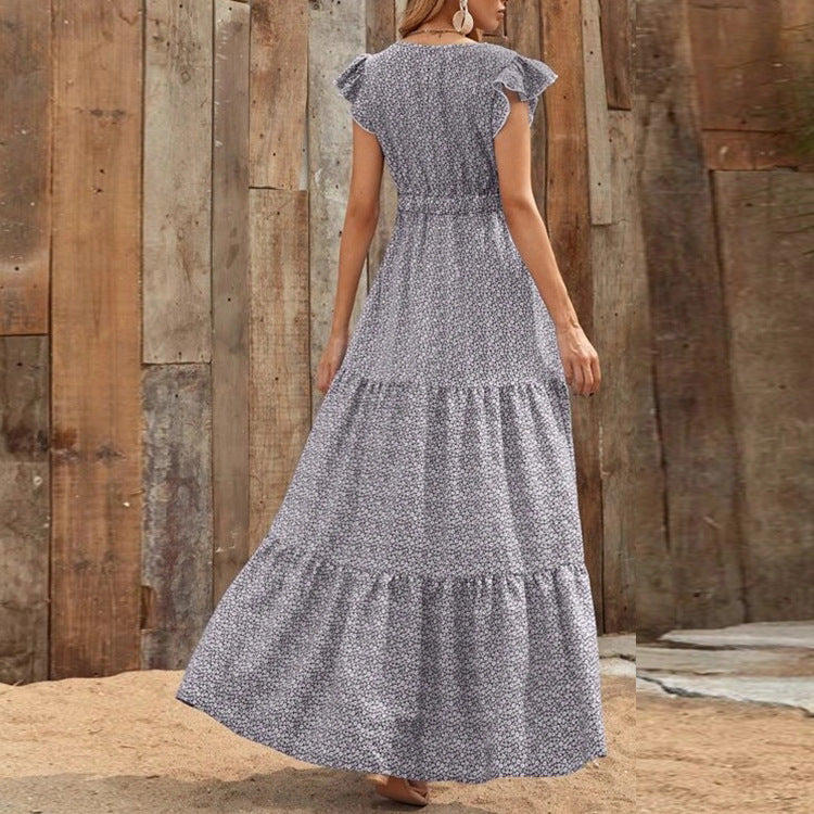 Sukienka Boho z Dekoltem w Serek i Kwiatowym Wzorem oraz Krótkimi Rękawami | Idealna na Lato