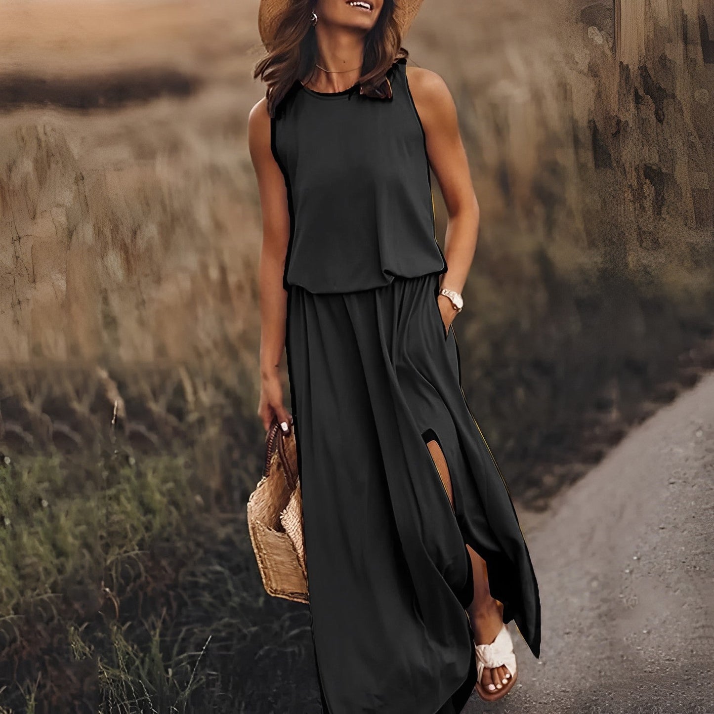 Sukienka Maxi bez Rękawów w Stylu Retro | Idealna na Wiosnę i Lato