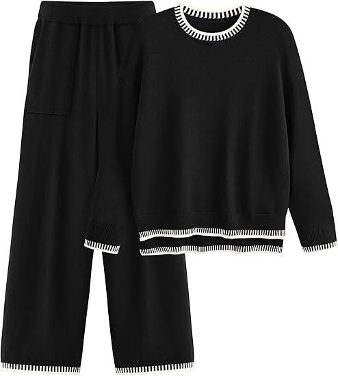 Knit Pullover Zestaw Sweter z Długim Rękawem i Spodnie z Szeroką Nogawką Idealny na Wiosnę i Jesień