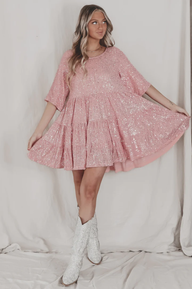 Warstwowa Sukienka Mini Babydoll z Cekinami | Idealna na Letnie Przyjęcia