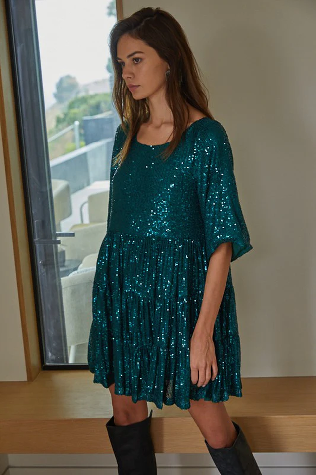 Warstwowa Sukienka Mini Babydoll z Cekinami | Idealna na Letnie Przyjęcia