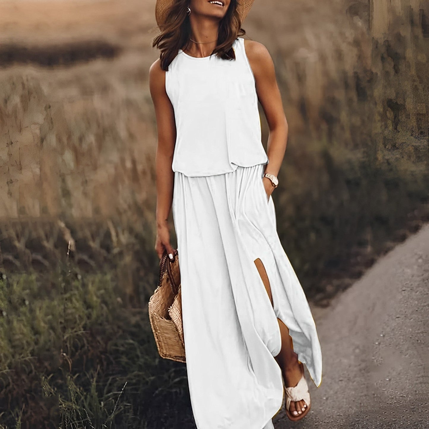 Sukienka Maxi bez Rękawów w Stylu Retro | Idealna na Wiosnę i Lato