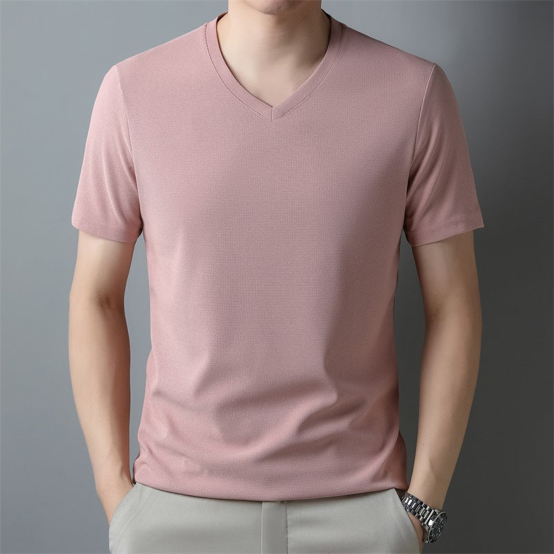 Męska cienka koszulka V-neck z krótkim rękawem w jednolitym kolorze | Idealna na lato