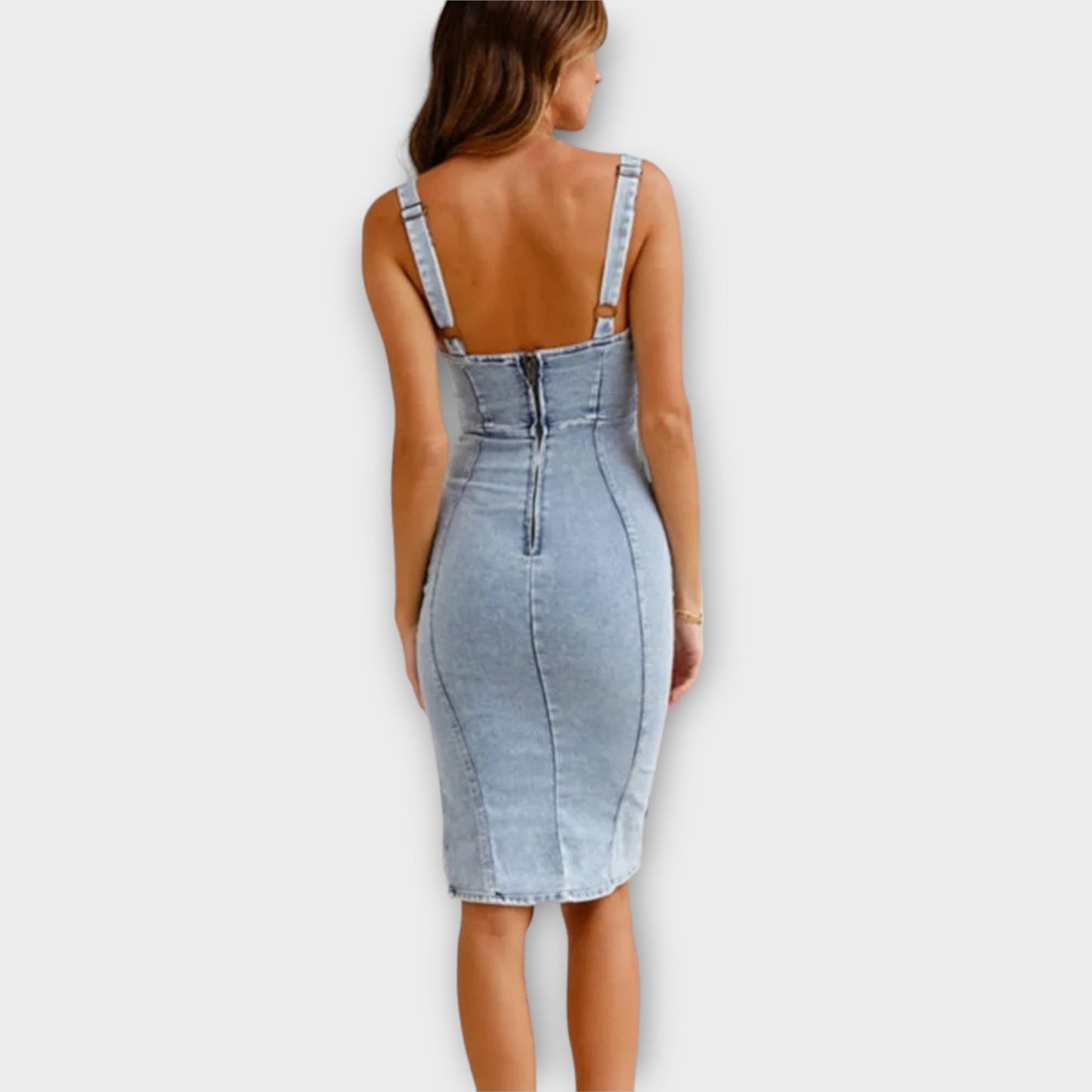 Dopasowana Sukienka Midi z Denimu z Rozcięciami po Bokach i Zamkiem | Idealna na Lato