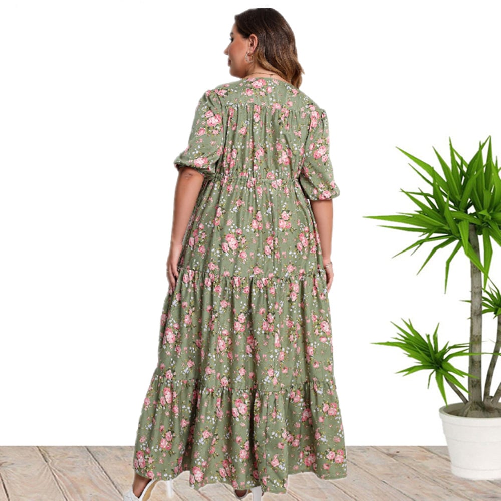 Sukienka Boho w Kwiaty o Luźnym Kroju z Połowicznymi Rękawami | Idealna na Wiosnę i Lato
