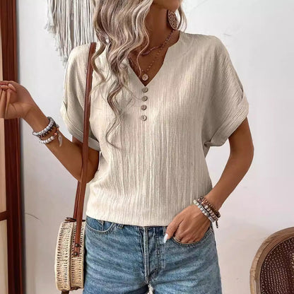 T-Shirt z Krótkim Rękawem i Dekoltem w Serek z Guzikami | Idealny na Wiosnę i Lato