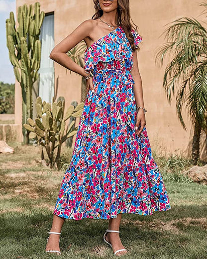 Sukienka w Stylu Boho bez Rękawów z Asymetrycznym Ramiączkiem i Wysokim Stanem | Idealna na Wiosnę i Lato