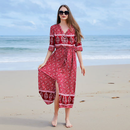 Długa Sukienka Plus Size w Kwiatowy Wzór z Dekoltem V i Długim Rękawem | Idealna na Wiosnę i Jesień