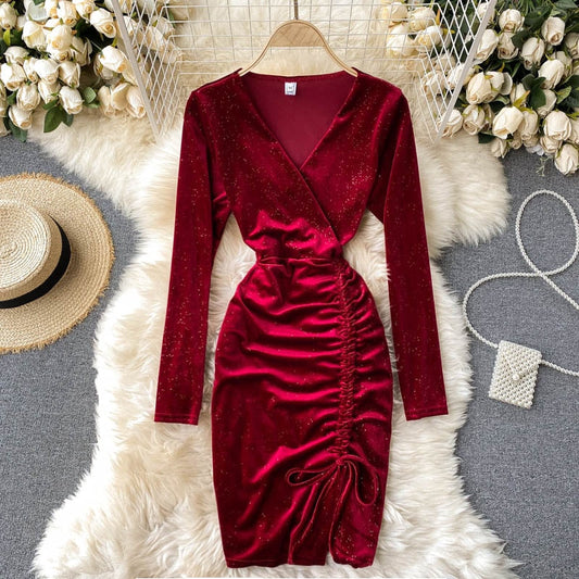 Sukienka Bodycon z Długim Rękawem z Aksamitnym Dekoltem V Idealna na Jesień i Zimę