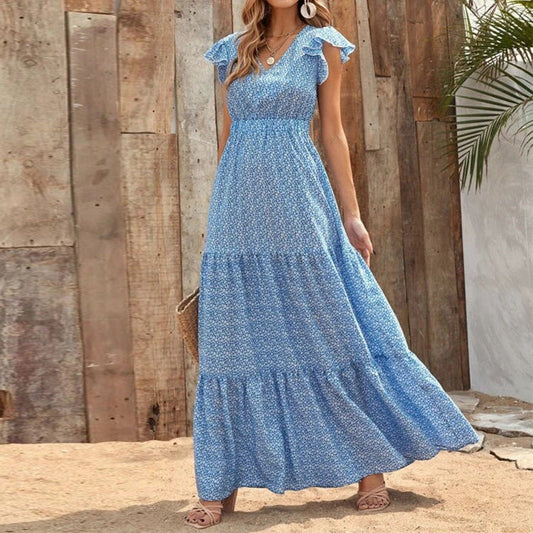 Sukienka Boho z Dekoltem w Serek i Kwiatowym Wzorem oraz Krótkimi Rękawami | Idealna na Lato