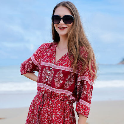 Długa Sukienka Plus Size w Kwiatowy Wzór z Dekoltem V i Długim Rękawem | Idealna na Wiosnę i Jesień