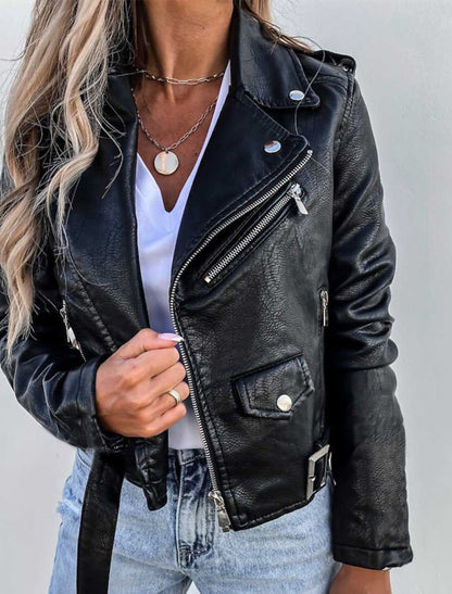 Damska Wiosenna Kurtka Biker ze Stójką i Kieszeniami na Suwak