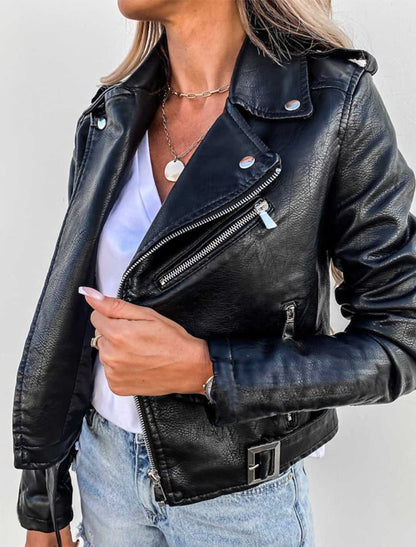 Damska Wiosenna Kurtka Biker ze Stójką i Kieszeniami na Suwak
