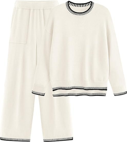 Knit Pullover Zestaw Sweter z Długim Rękawem i Spodnie z Szeroką Nogawką Idealny na Wiosnę i Jesień