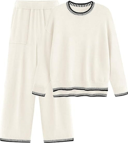 Knit Pullover Zestaw Sweter z Długim Rękawem i Spodnie z Szeroką Nogawką Idealny na Wiosnę i Jesień
