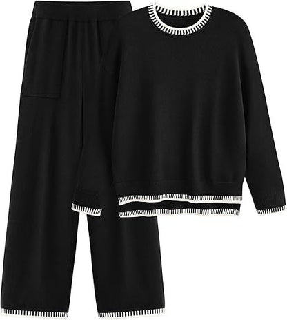Knit Pullover Zestaw Sweter z Długim Rękawem i Spodnie z Szeroką Nogawką Idealny na Wiosnę i Jesień