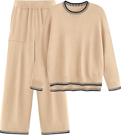 Knit Pullover Zestaw Sweter z Długim Rękawem i Spodnie z Szeroką Nogawką Idealny na Wiosnę i Jesień