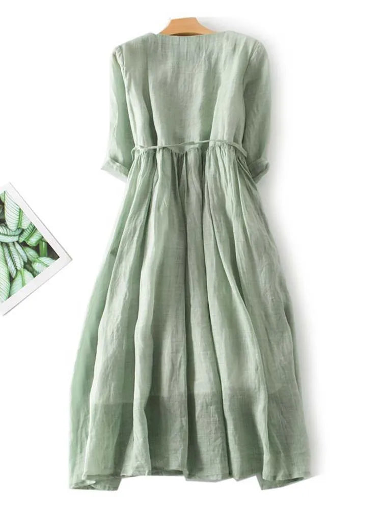 Lniana Sukienka Midi z Boho Detalami i Oddychającą Tkaniną | Idealna na Lato