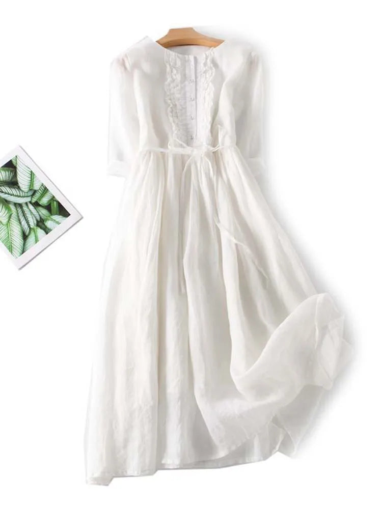 Lniana Sukienka Midi z Boho Detalami i Oddychającą Tkaniną | Idealna na Lato