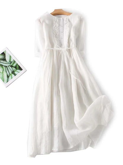 Lniana Sukienka Midi z Boho Detalami i Oddychającą Tkaniną | Idealna na Lato
