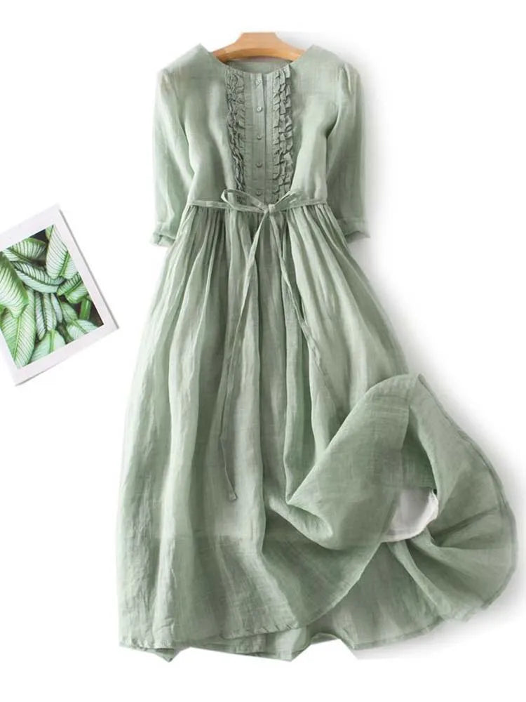 Lniana Sukienka Midi z Boho Detalami i Oddychającą Tkaniną | Idealna na Lato