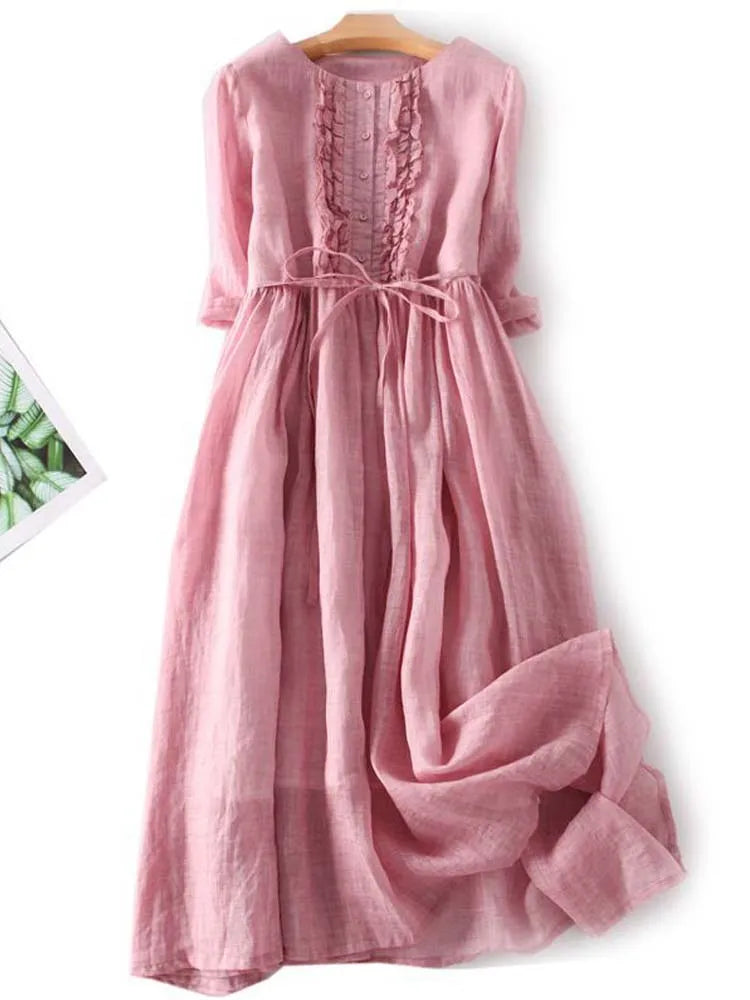 Lniana Sukienka Midi z Boho Detalami i Oddychającą Tkaniną | Idealna na Lato