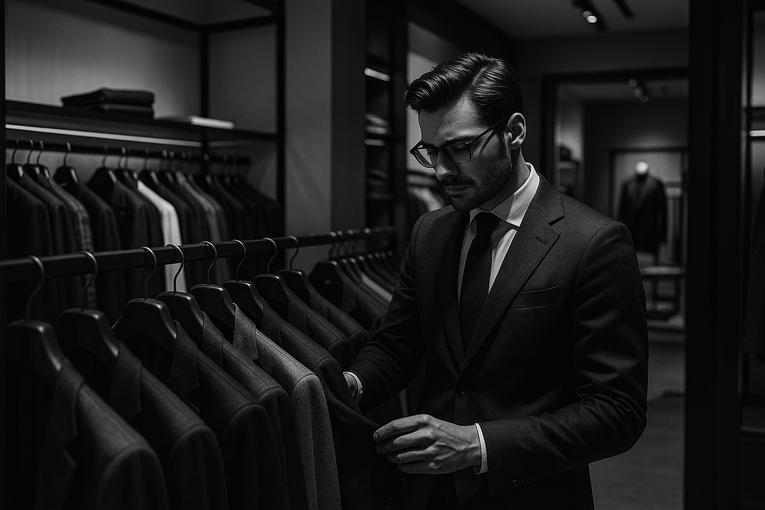 A man shopping in a fashion store, make the image black and white