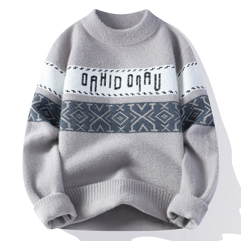 Męski sweter z dżakardowym wzorem, kontrastowy, okrągły dekolt, idealny na zimę