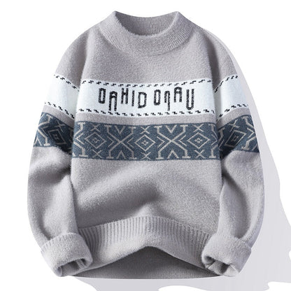 Męski sweter z dżakardowym wzorem, kontrastowy, okrągły dekolt, idealny na zimę