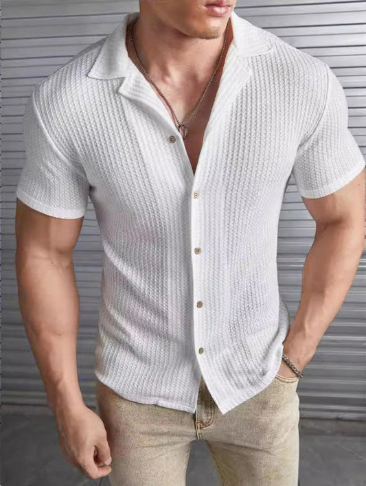 Męska koszula slim fit z krótkim rękawem w splot wafelowy, idealna na lato