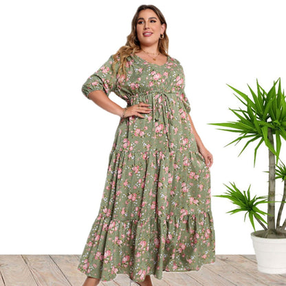 Sukienka Boho w Kwiaty o Luźnym Kroju z Połowicznymi Rękawami | Idealna na Wiosnę i Lato