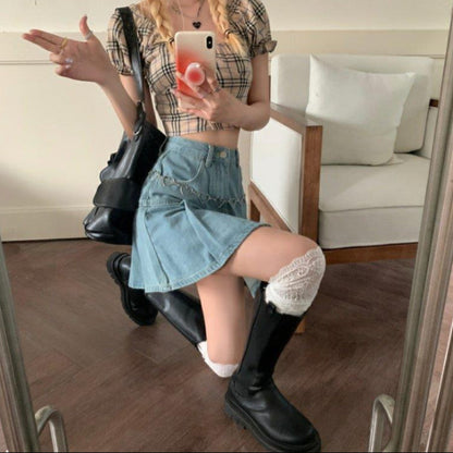 Spódnica Jeansowa Mini z Wysokim Stanem i Plisowaniem Idealna na Wiosnę i Lato