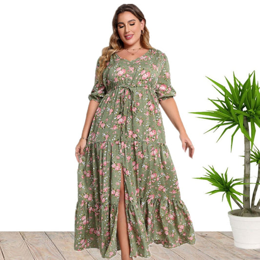 Sukienka Boho w Kwiaty o Luźnym Kroju z Połowicznymi Rękawami | Idealna na Wiosnę i Lato