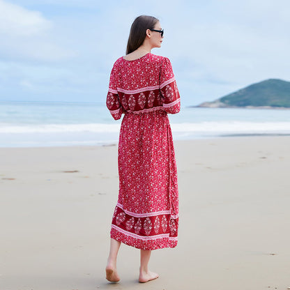 Długa Sukienka Plus Size w Kwiatowy Wzór z Dekoltem V i Długim Rękawem | Idealna na Wiosnę i Jesień