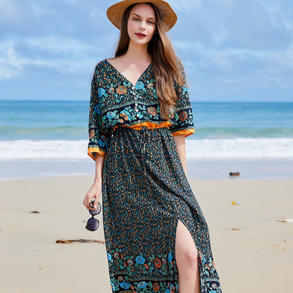 Długa Sukienka Plus Size w Kwiatowy Wzór z Dekoltem V i Długim Rękawem | Idealna na Wiosnę i Jesień