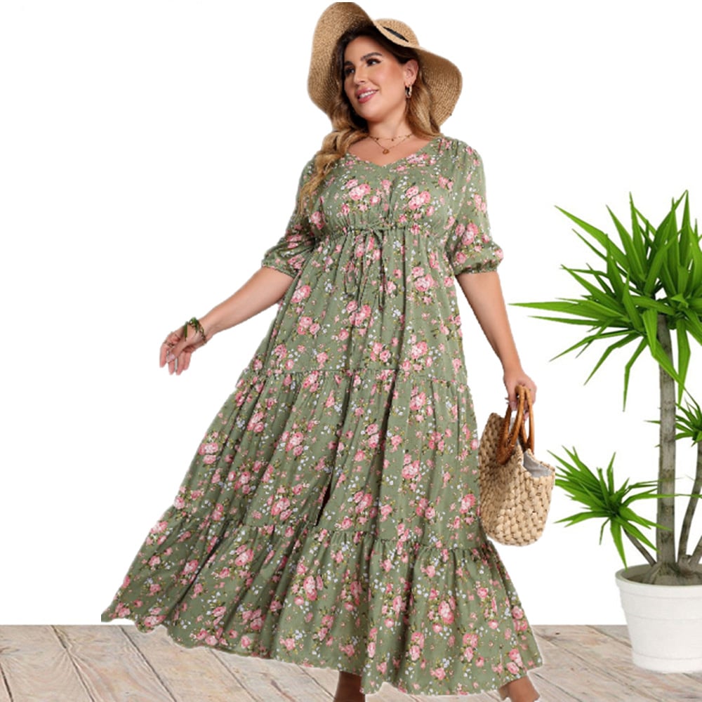 Sukienka Boho w Kwiaty o Luźnym Kroju z Połowicznymi Rękawami | Idealna na Wiosnę i Lato