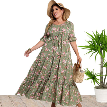 Sukienka Boho w Kwiaty o Luźnym Kroju z Połowicznymi Rękawami | Idealna na Wiosnę i Lato