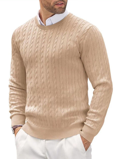 Męski sweter z okrągłym dekoltem w slim fit z przekręconym wzorem, idealny na jesień